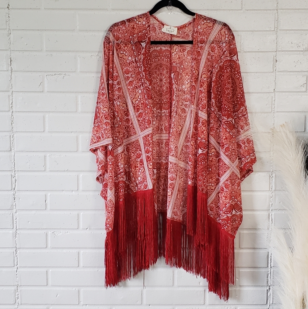Ember Red Paisley Print Fringe Kimono size Large or One Size Fits Most